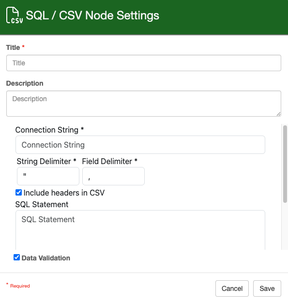 SQL slash CSV node setting with title, description, connection string, string and field delimiter text boxes and a checkbox for Include headers in CSV.