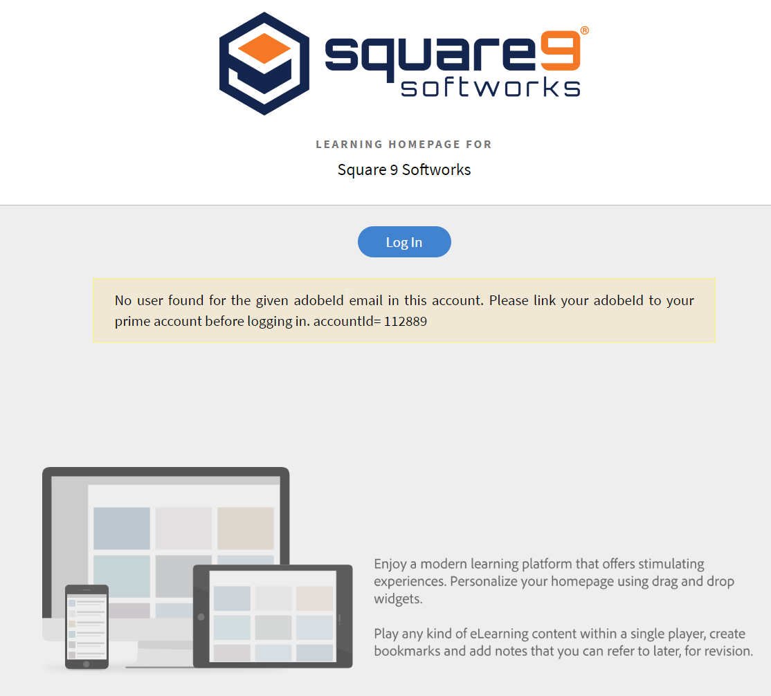 Page with a message about no user found and a log in button.