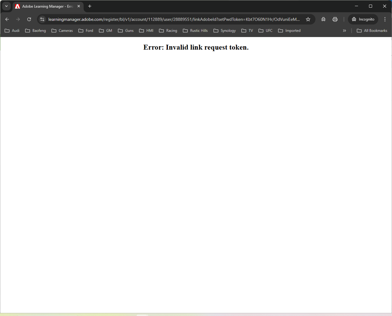 White browser page with an error invalid link request token at the top.