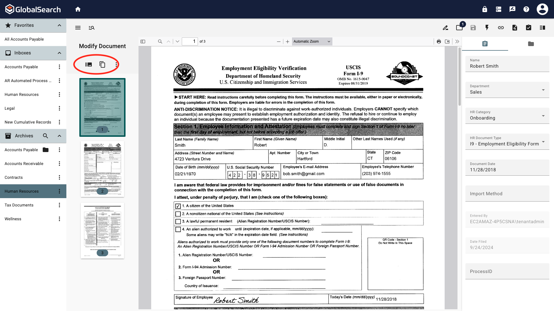 The modify document pane is open and a single document is selected.