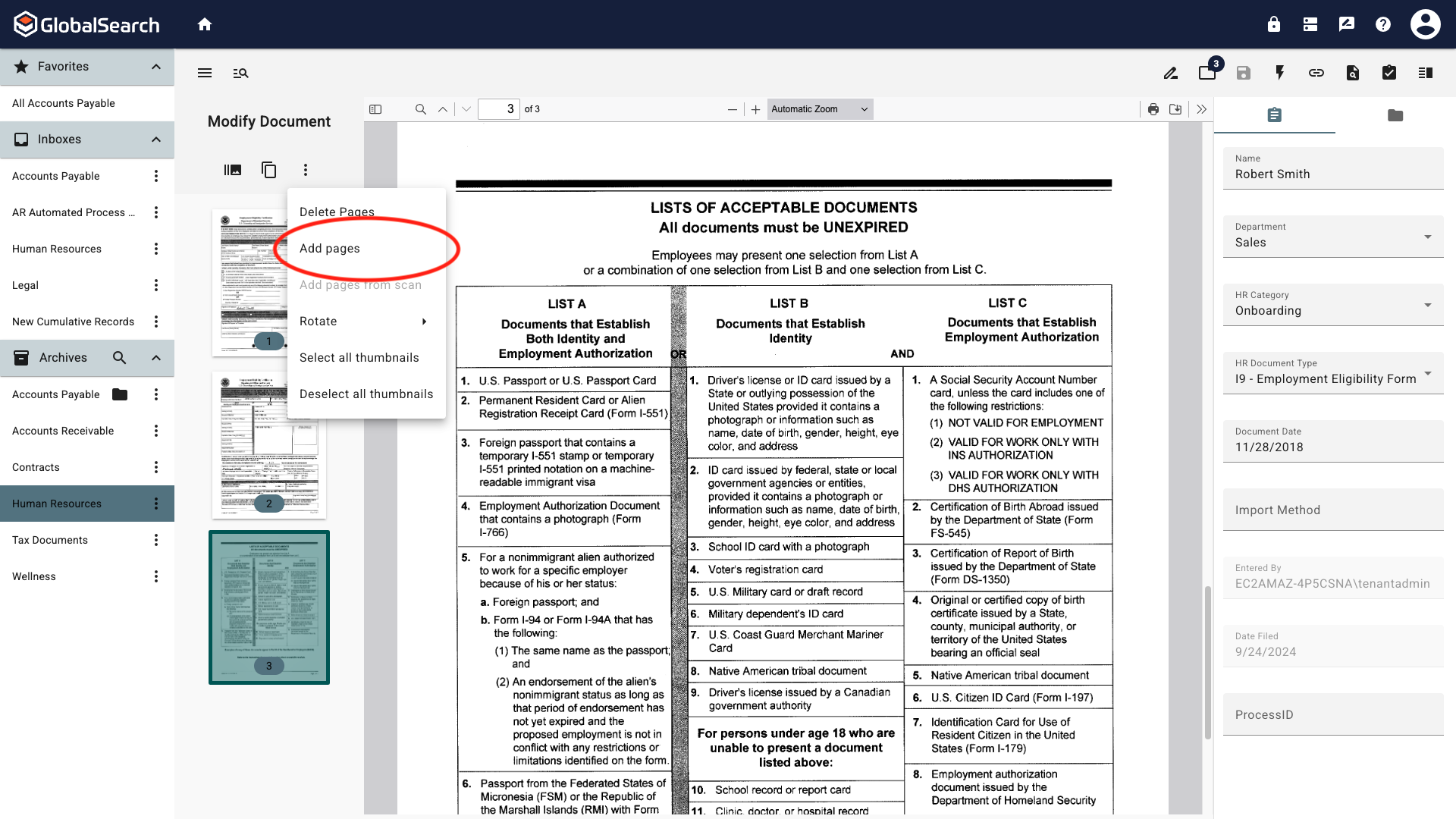 Modify Documents Ellipsis menu expanded with Add documents highlighted in the list.