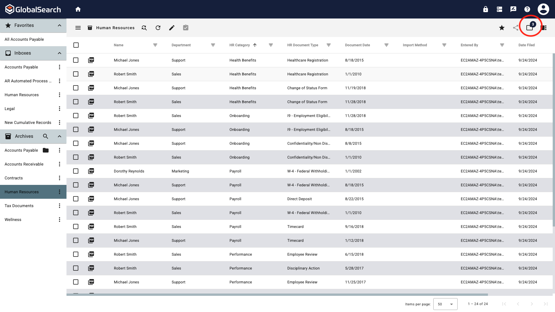 Search results view with the New Document dialog highlighted in the top right corner of the toolbar.