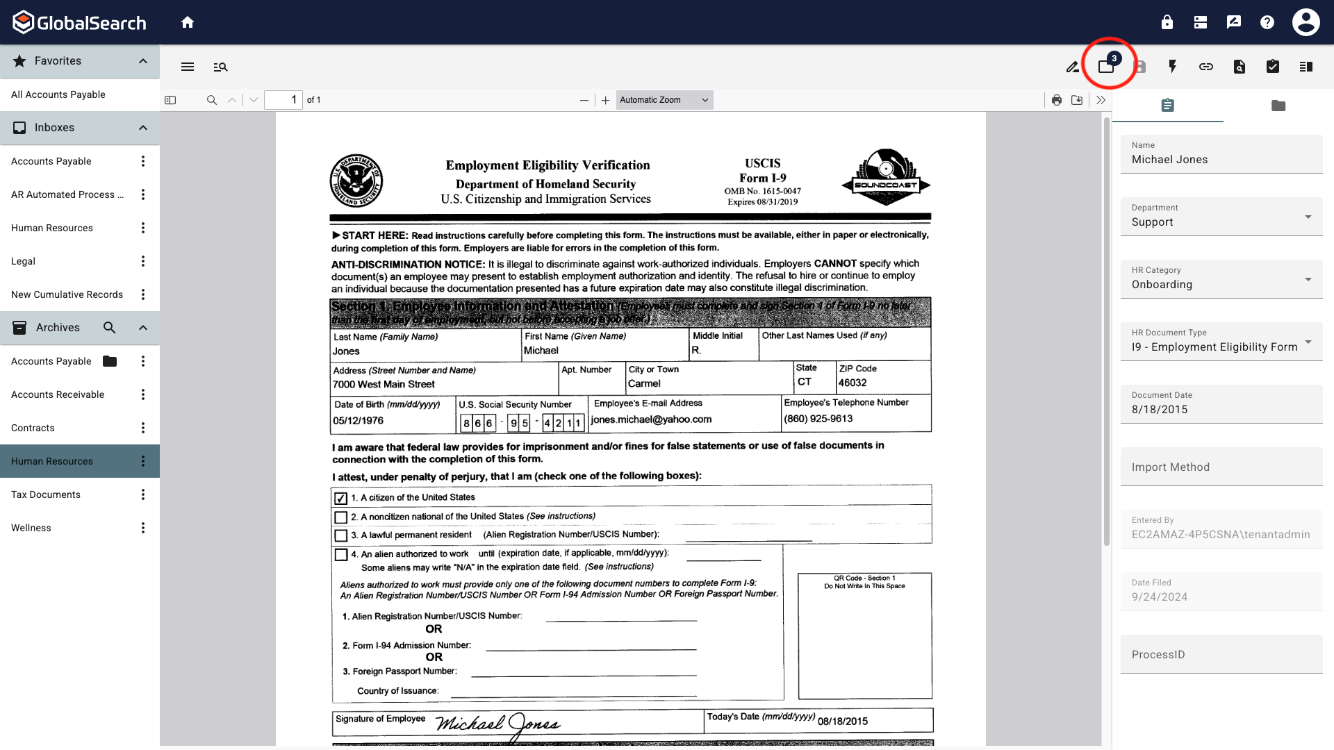Document Viewer with the New Document dialog highlighted in the top right corner of the toolbar.