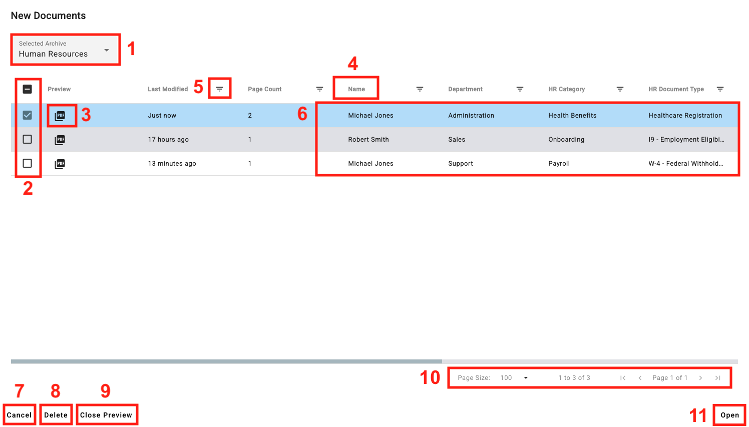 New Document dialog box with the different components highlighted.