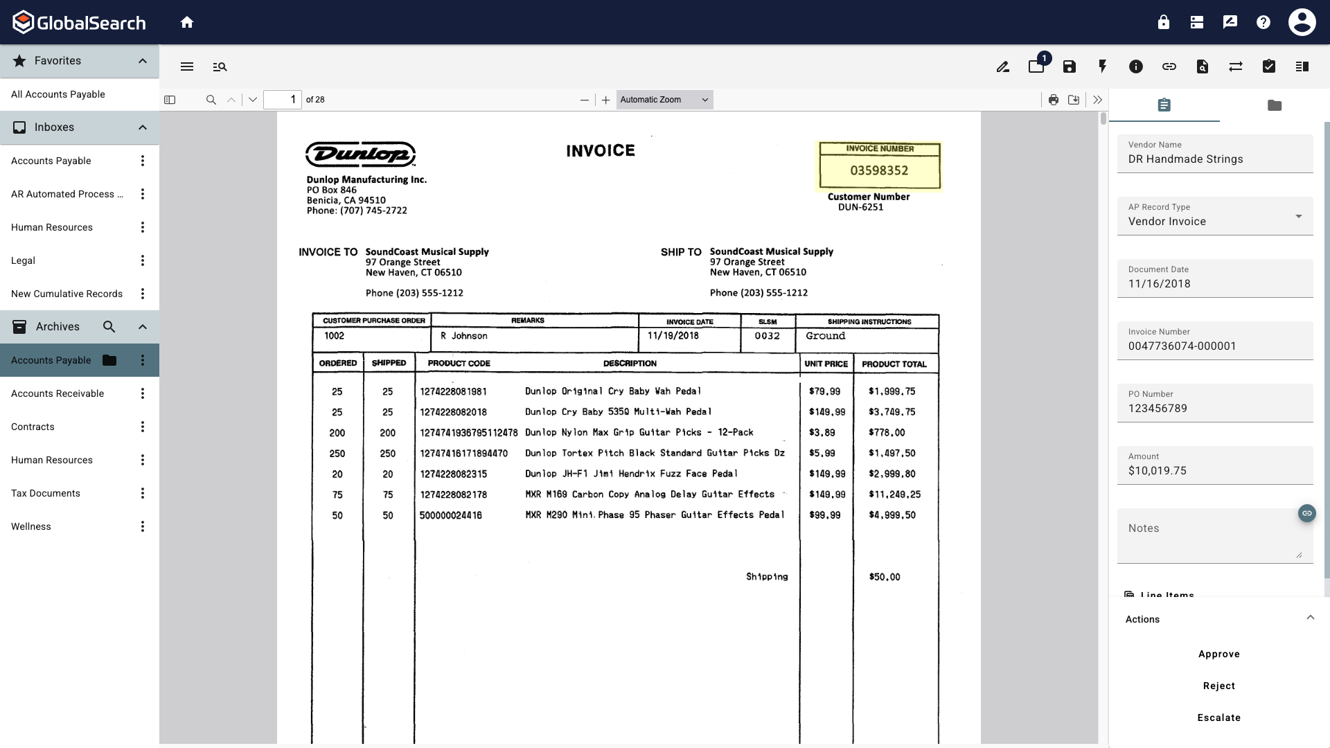 Document opened in the document viewer with the invoice number highlighted in yellow.