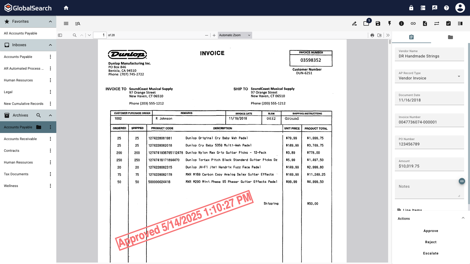 Invoice with stamp with approved and the current date and time.