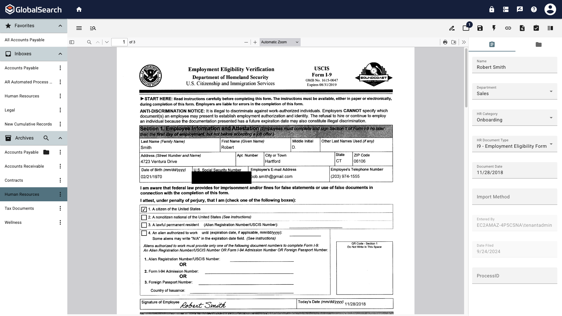 Document is an I9 form with the SSN redacted.