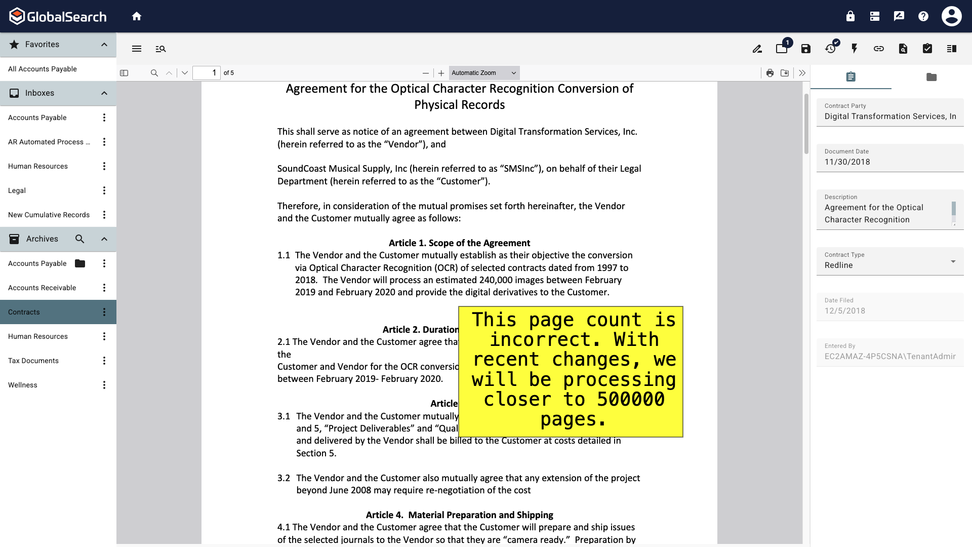 Contract open with a yellow note indicating a larger page count is expected than is defined in the contract.