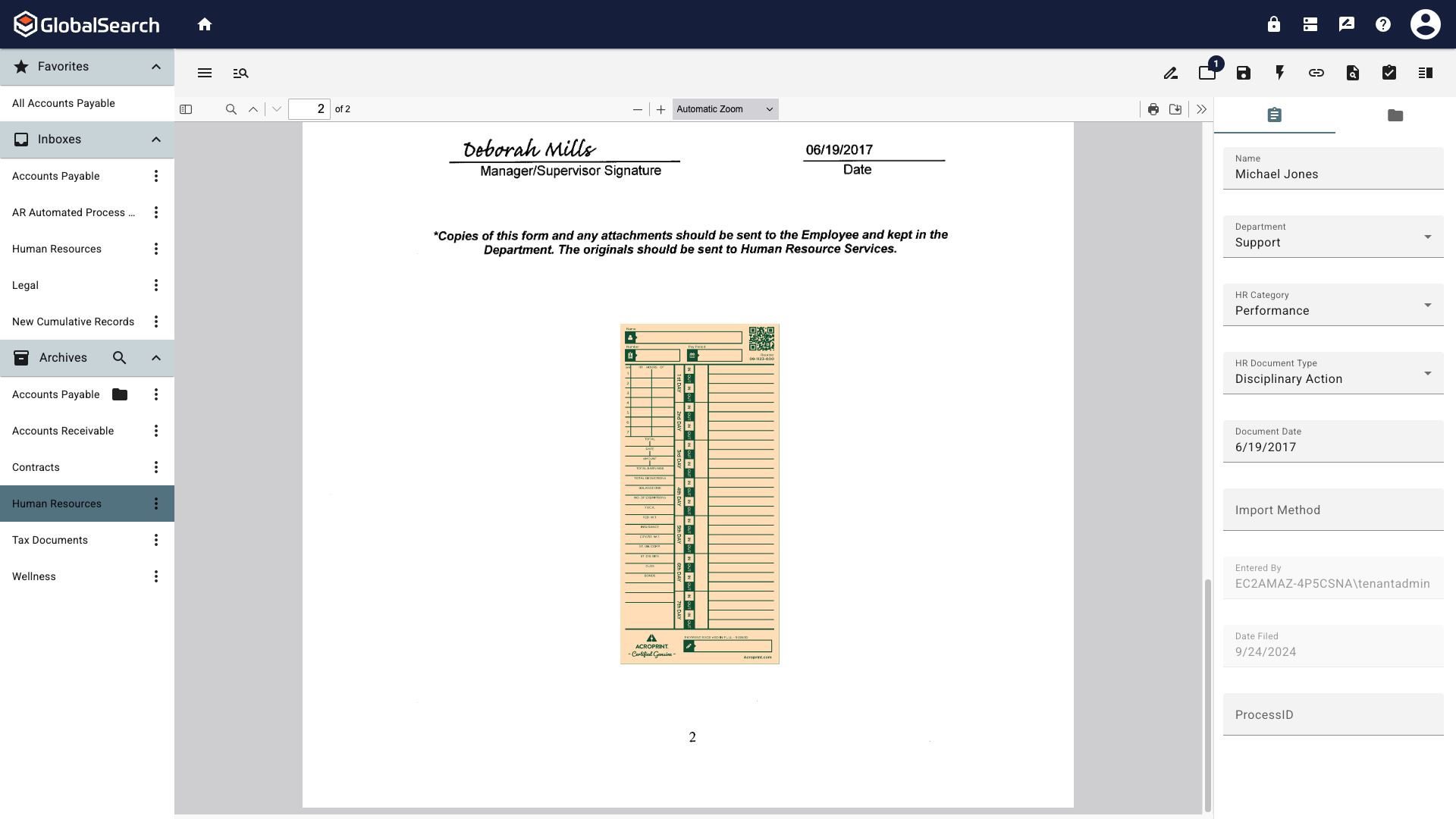 Image of timecard added to a document using the image annotation.