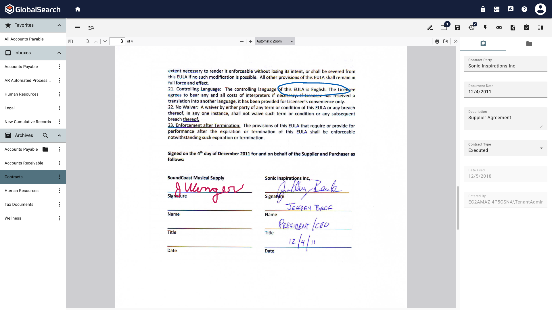 Freehand was used to add a signature and circle the EULA language.
