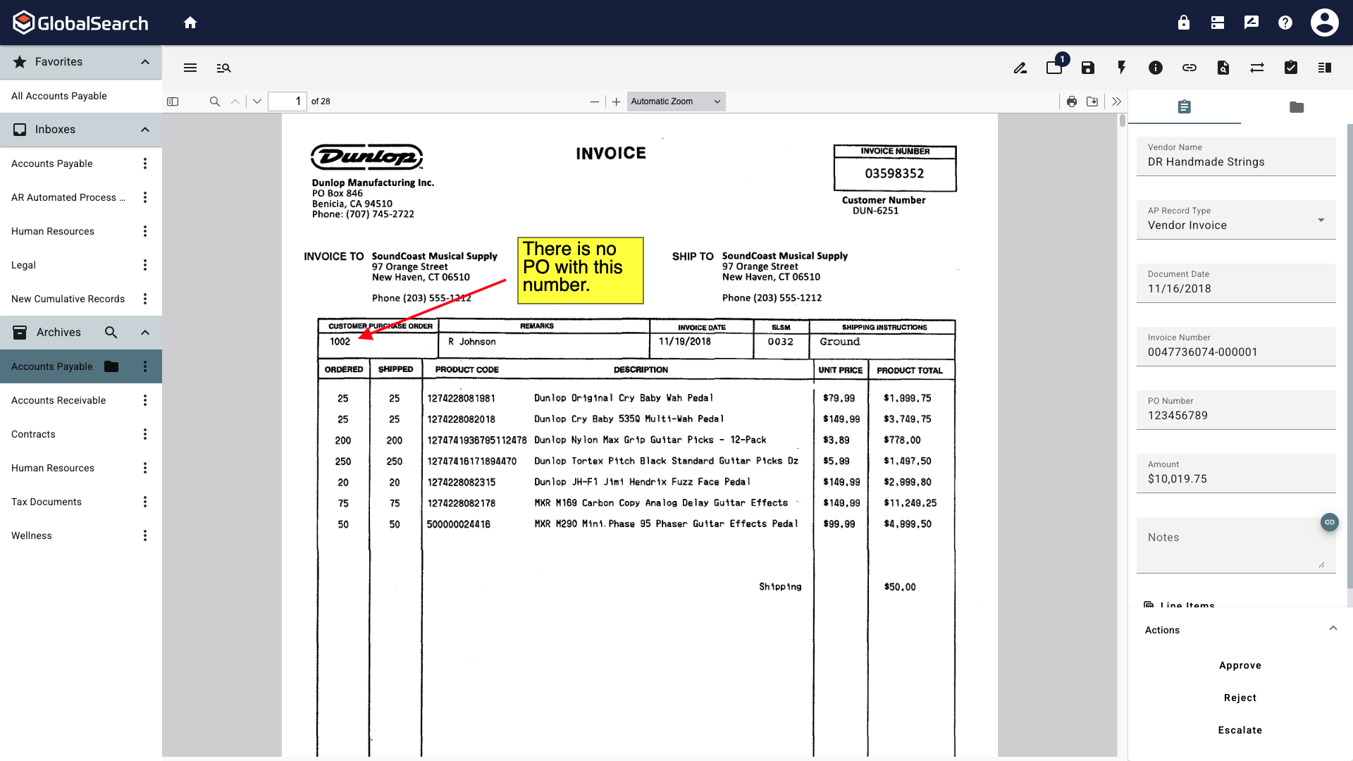 Line with an arrow at the end pointing to a po number with a note stating there is no PO number in the system.