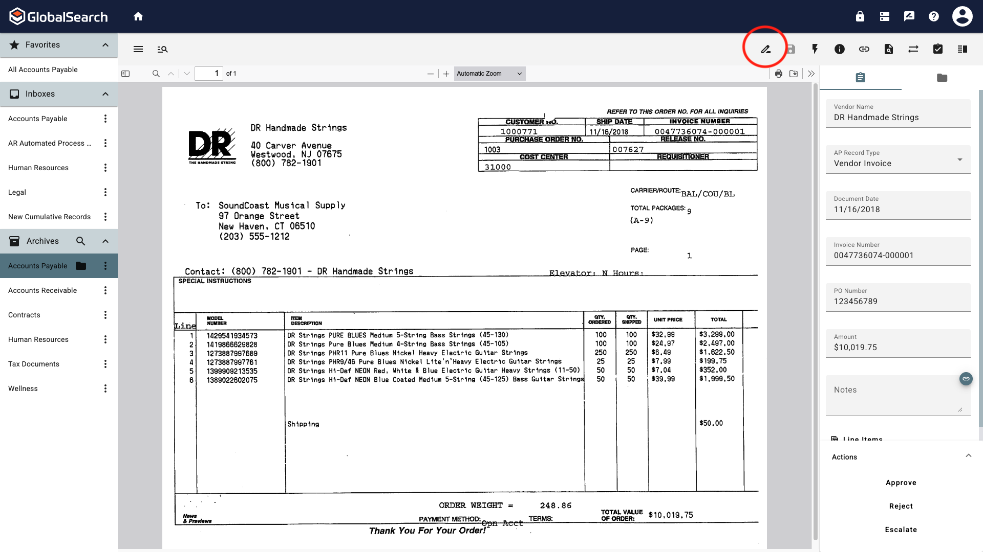 The document viewer is displayed with a document and the annotations menu icon which is a pencil to the left of a black square is in the toolbar.