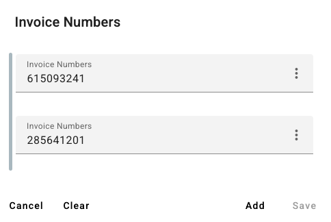 Invoice Numbers multi value field popup displayed when editing from the grid.