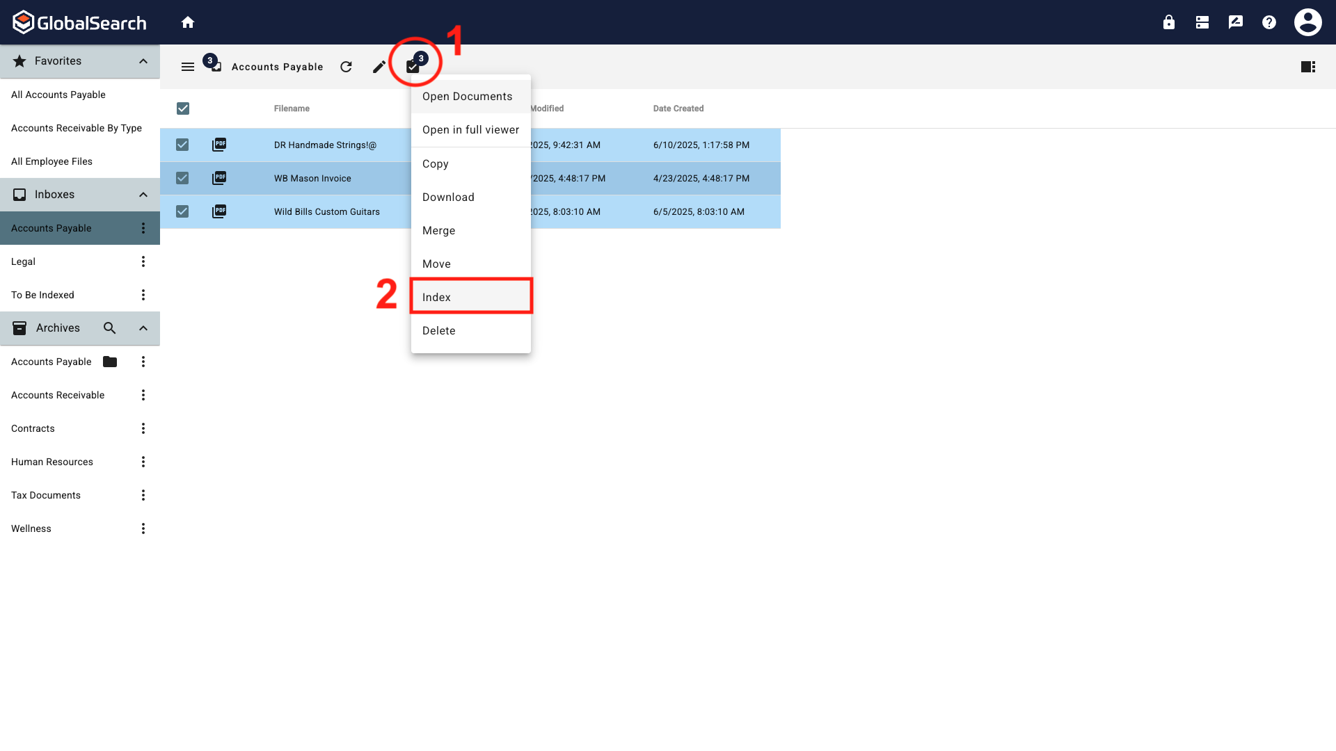 Accounts Payable Inbox with the actions menu open and a dropdown list of available actions with Index highlighted.