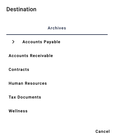 Destination popup to select from the list of available archives for the document. The Accounts payable archive has a right pointing arrow to its left indicating there are subarchives.