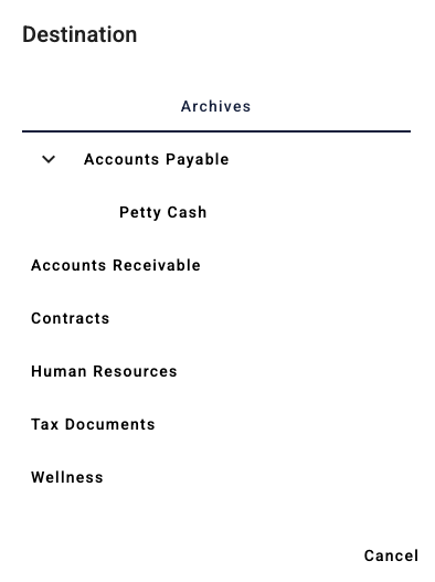 Destination popup with the Accounts Payable archive expanded to display the sub archive of petty cash.