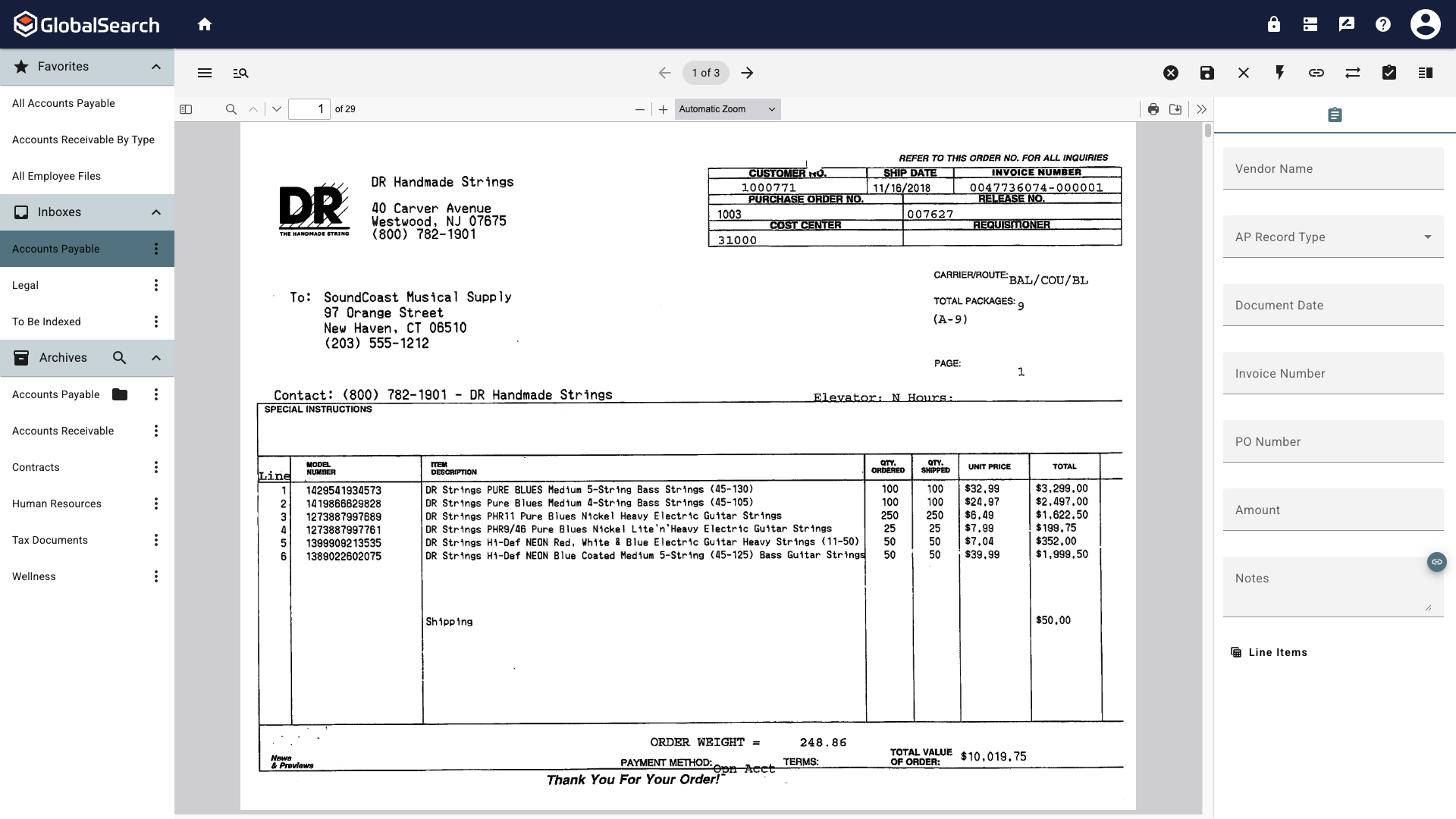 Document Viewer open with a DR handmade strings invoice open and the accounts payable index fields down the right side.