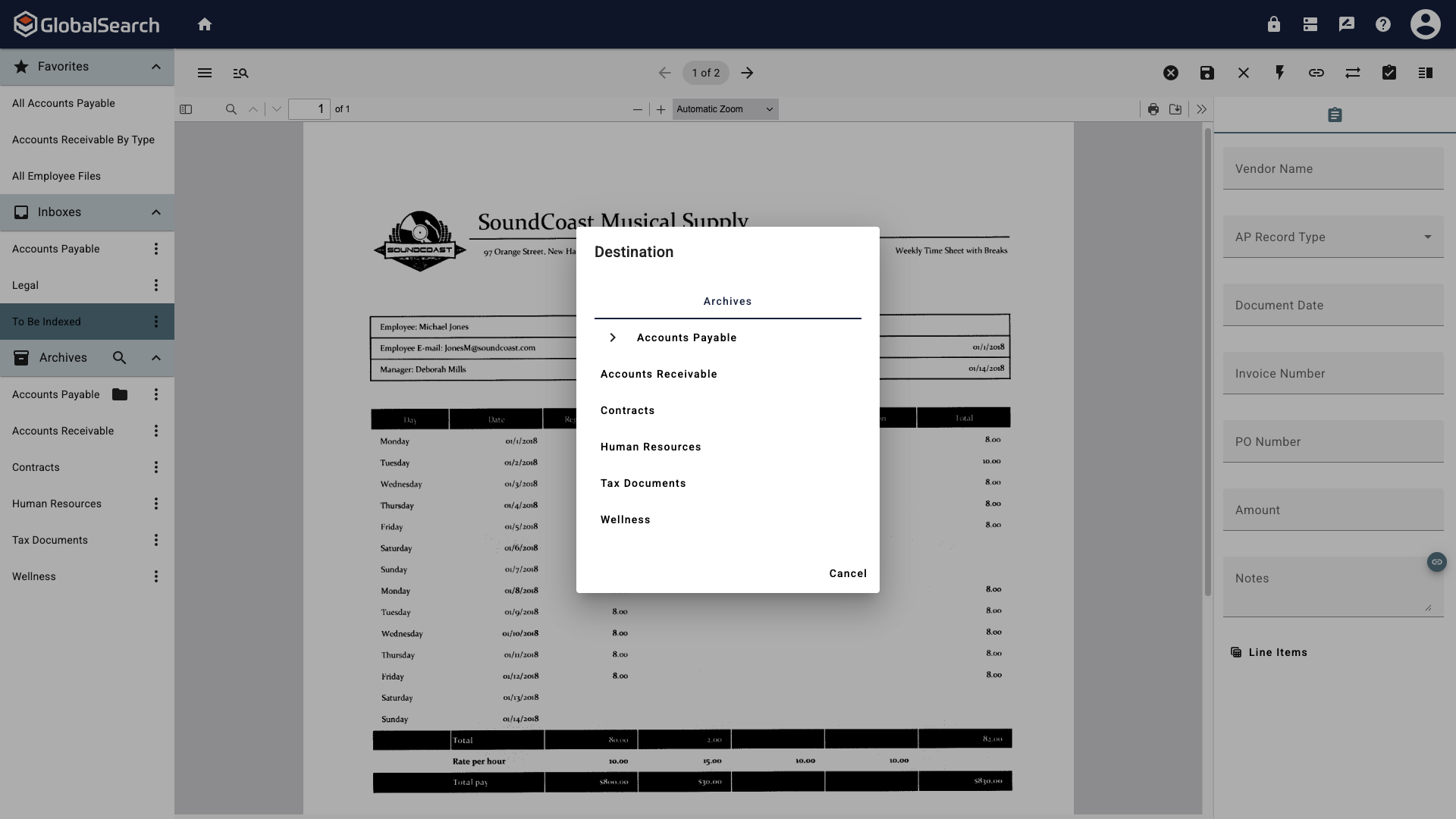 The Destination archive popup with a list of available archives.