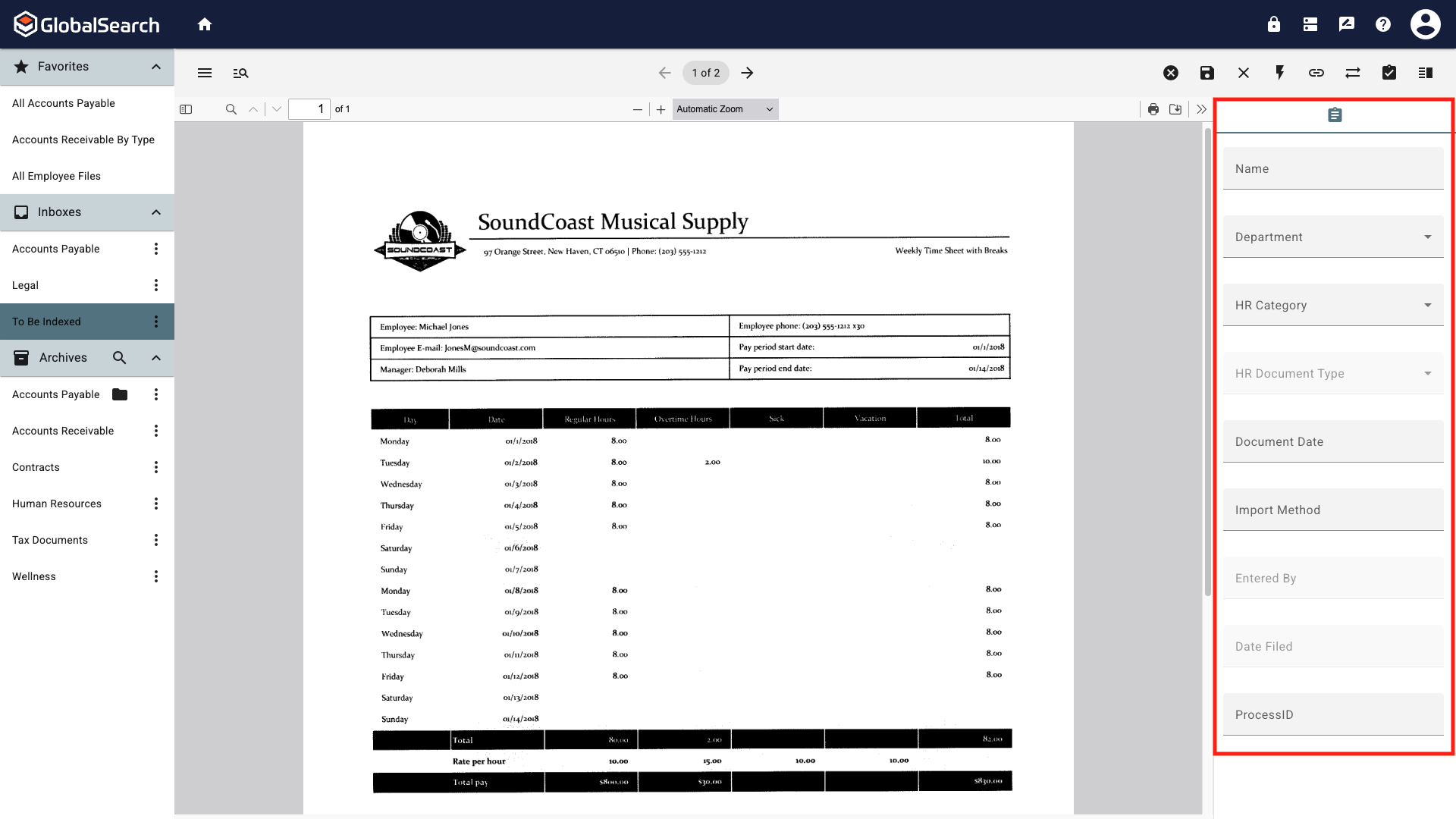 The document viewer open with the time card and now displaying the Human Resources index fields.