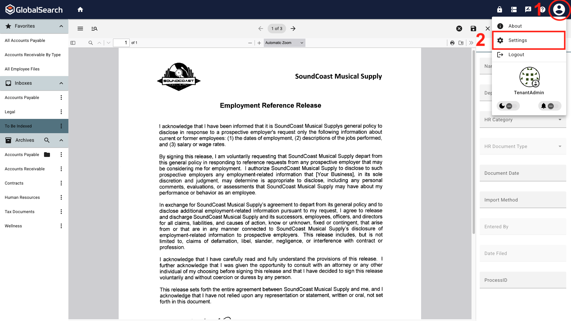 The document viewer with the user setting icon selected displaying the list of available options with Settings selected.
