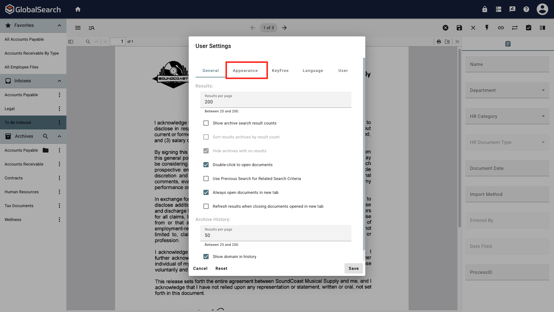 The user settings popup with the General tab selected and the Appearance tab highlighted.