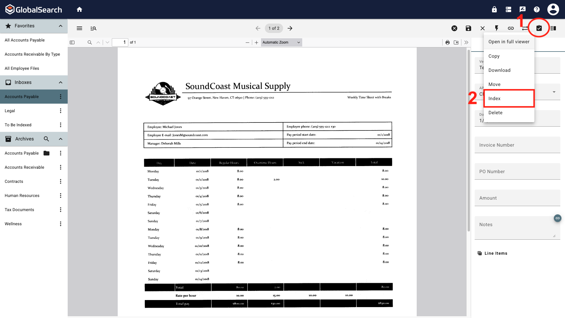 The document viewer with a time card that needs to be indexed to a different archive. The actions menu is expanded with Index highlighted.