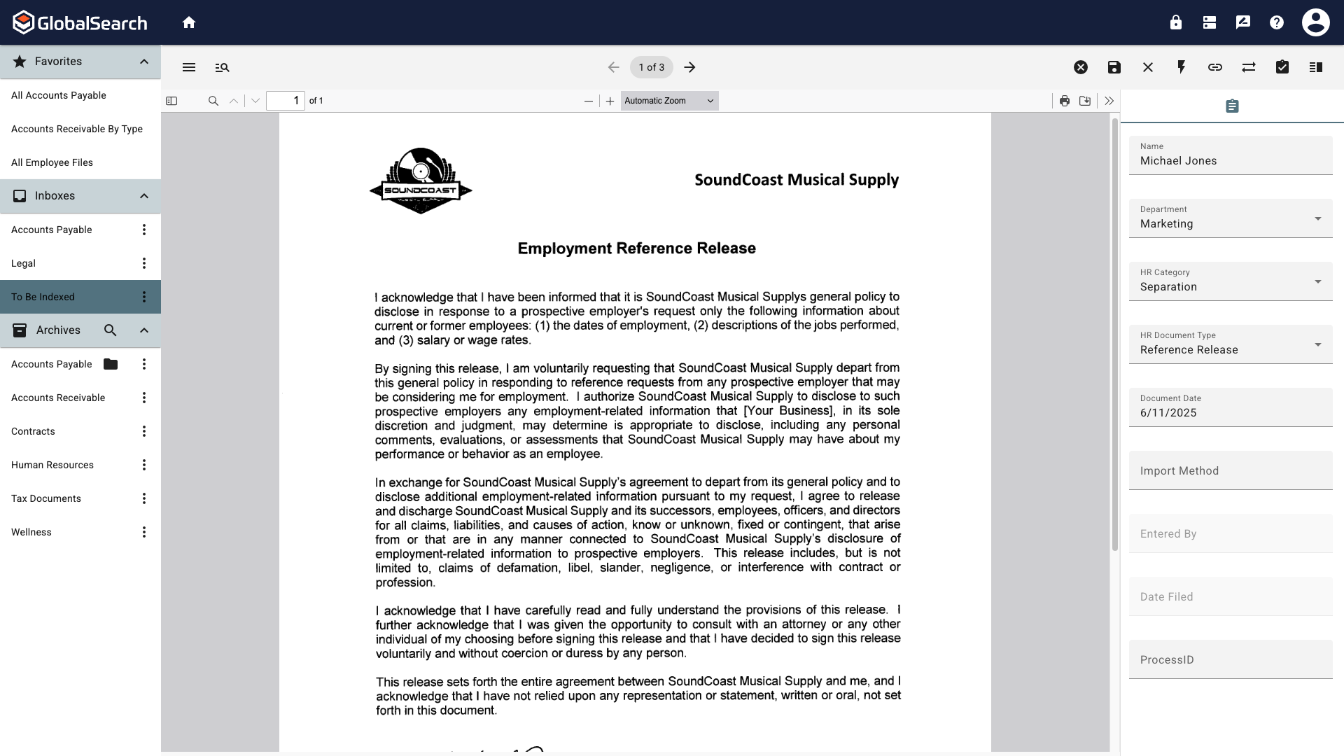 The document viewer with the initial document with index data saved.