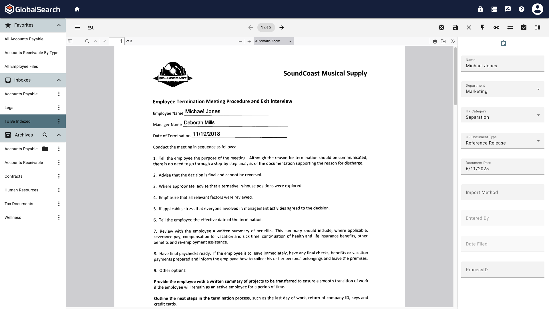 The document viewer with the next document to be indexed with the data from the previous document populating the index fields.