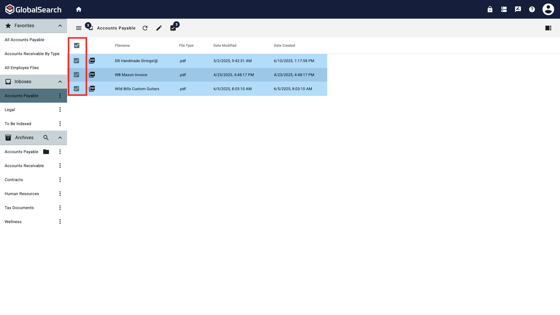 Accounts Payable Inbox with 3 documents to be indexed all are checked.