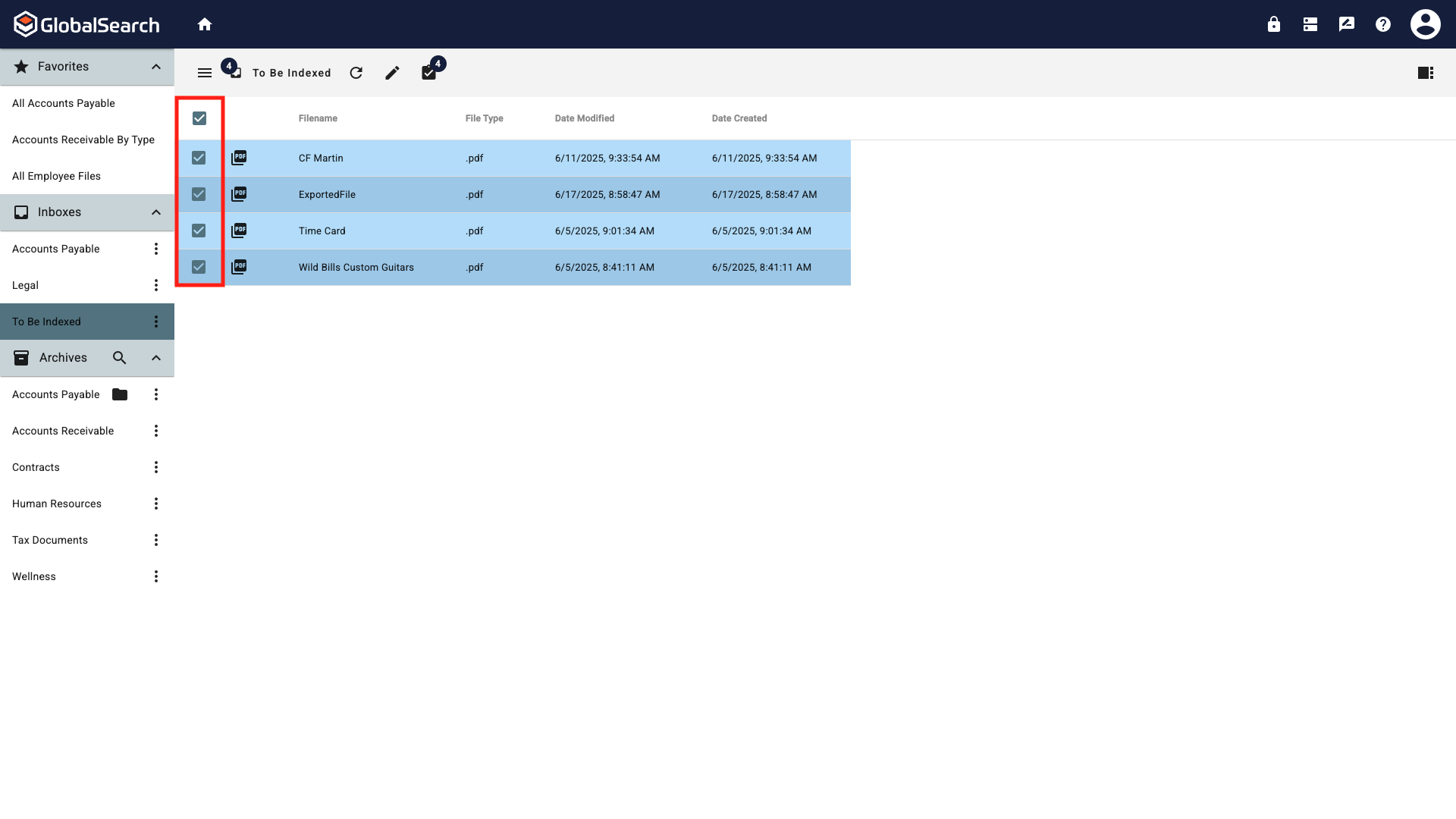 The to be indexed inbox open with 4 documents all selected.