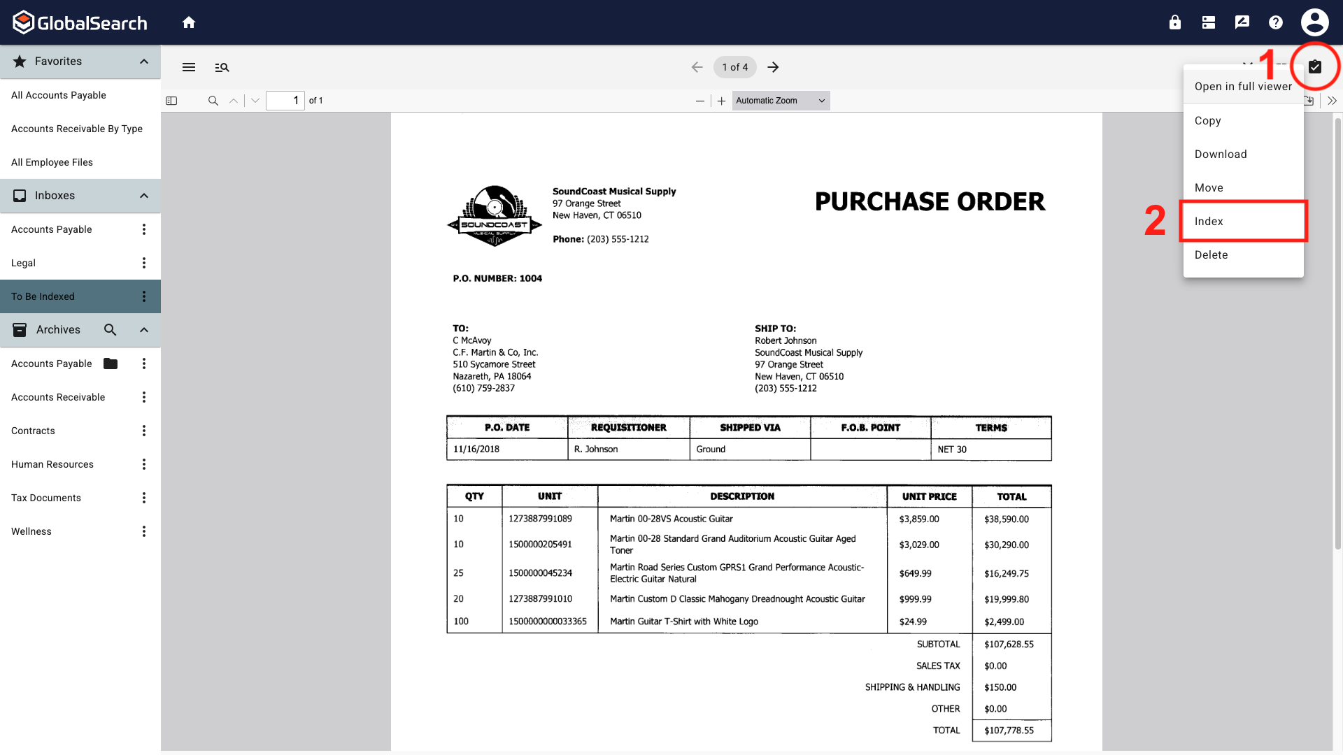 The first document opened in the document viewer with no index fields. The actions menu is expanded with Index highlighted.