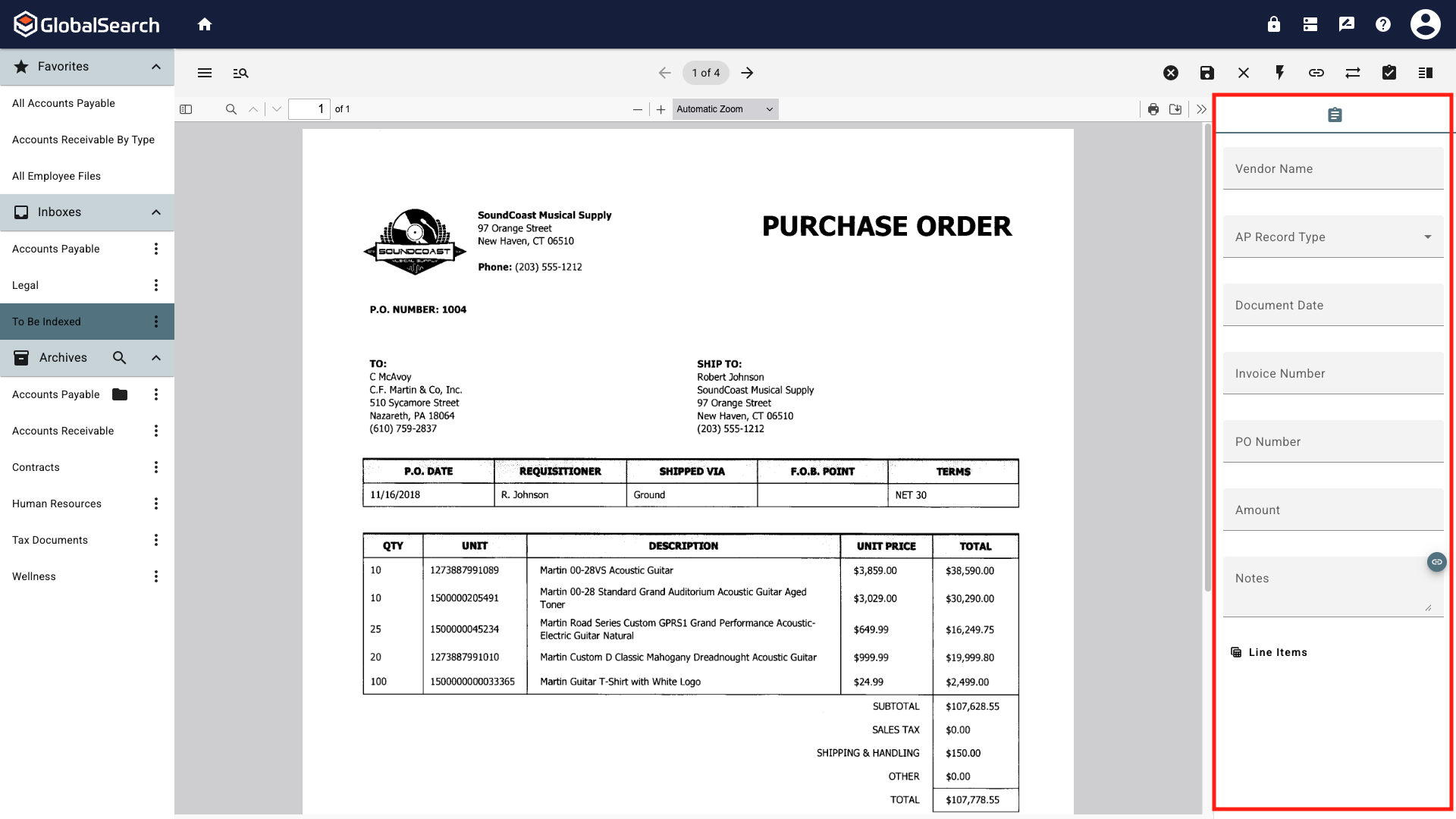 Document viewer open with the index fields for the selected Accounts Payable archive.