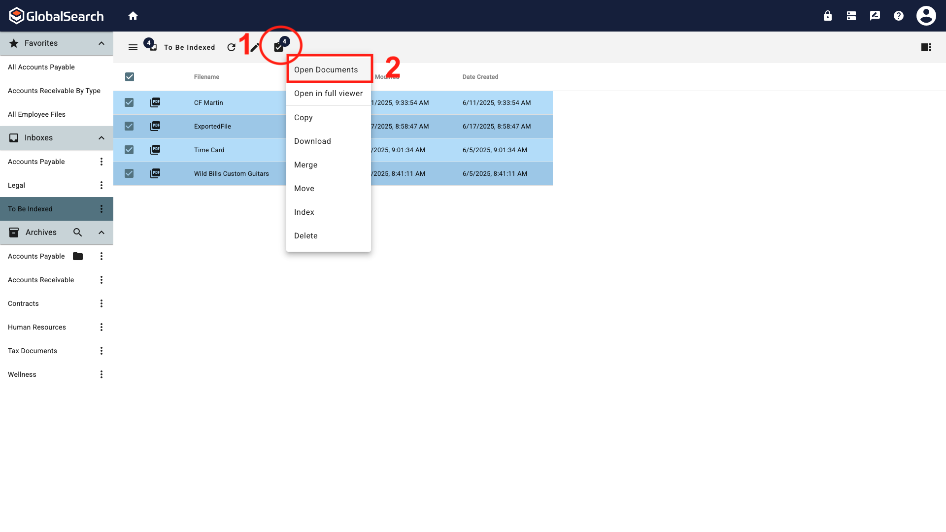 The to be indexed inbox actions menu expanded to reveal multiple options and the Open Documents option highlighted.