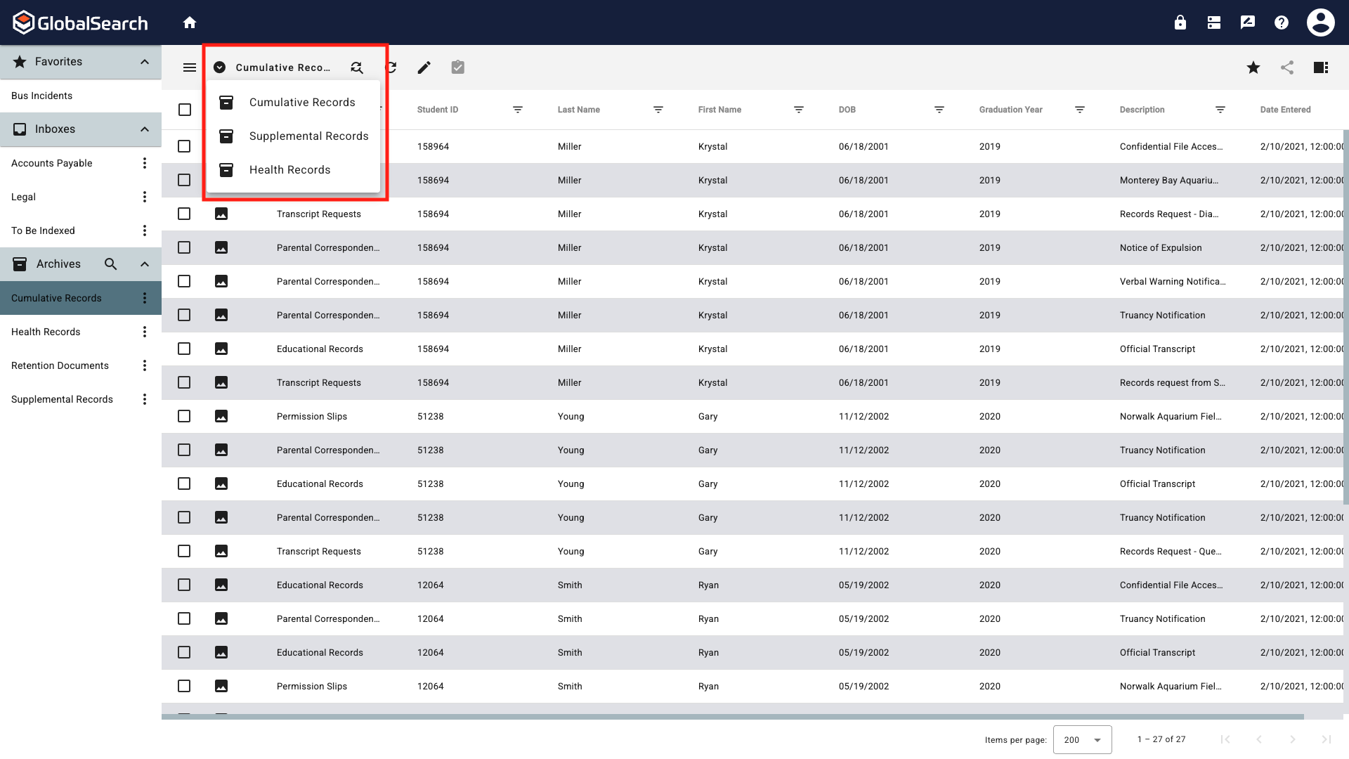 Expanded view of the Archive search results with all searched archives listed and no result counts.