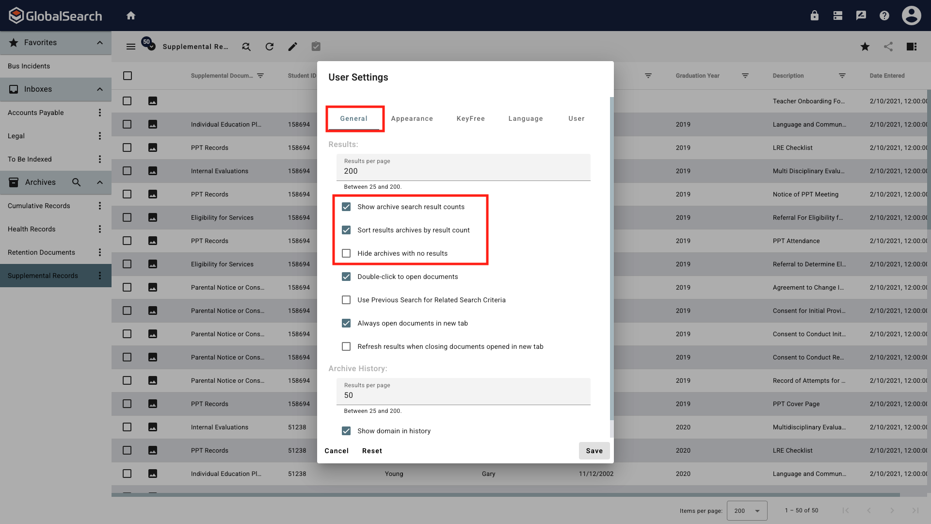 User settings open to the general tab with the 3 options available for archive search results.