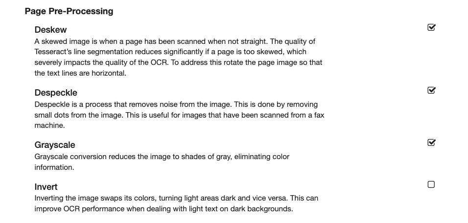 Page pre-processing section of the profile configuration with a list of the options. Each option has a description and a checkbox to the far right to enable. Options are Deskew, Despeckle, Grayscale, and Invert.