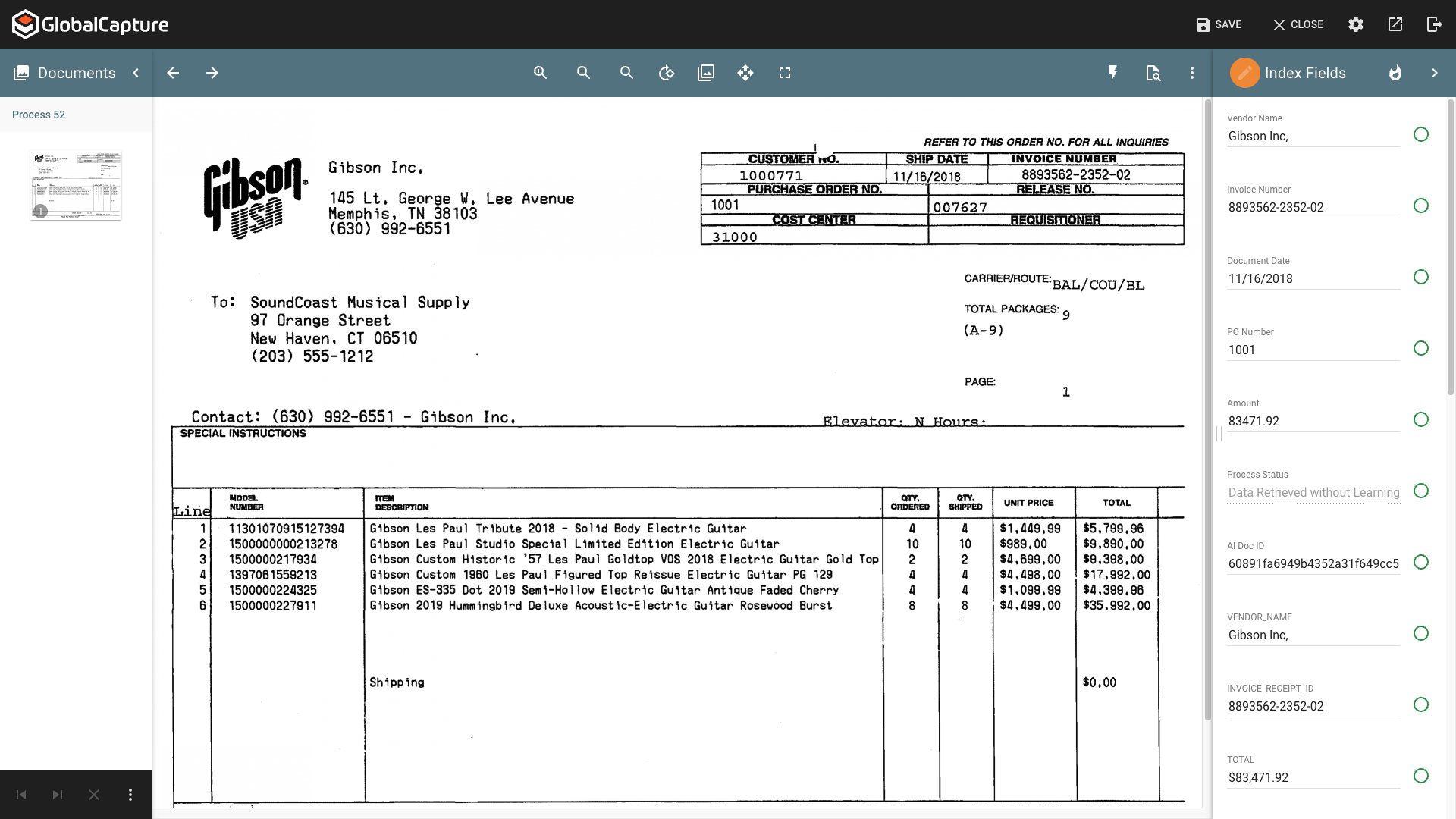 GlobalCapture Validation Document Viewer with a single page in the documents column, an invoice in the main viewer and multiple index field with data.